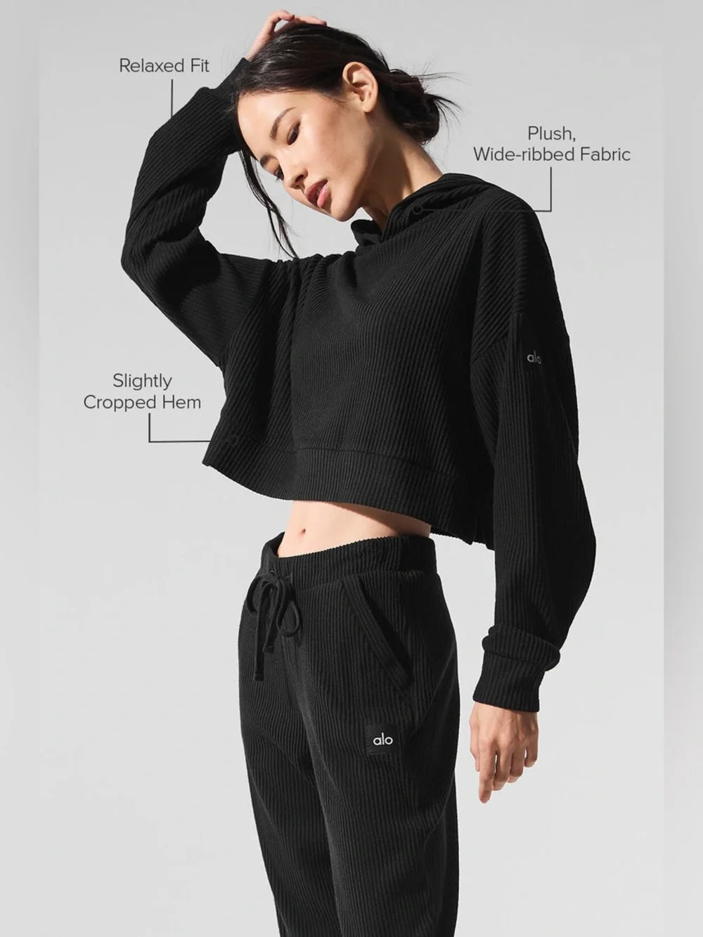 Alo Yoga Muse Hoodie Black Plush Ribbed Athleisure Lounge Cropped Sweatshirt S